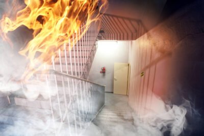 Fire emergency escape path photo of stair well with fire and smoke used to depict the tenability limits in a burning building