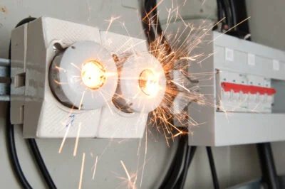 Overloaded electrical circuits present a real risk of fire; the picture shows an overloaded system short circuiting with sparks flying